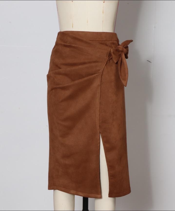 Elegant Women's Suede Skirt with Lace-up Knot - Solid Color, Spring/Autumn Collection