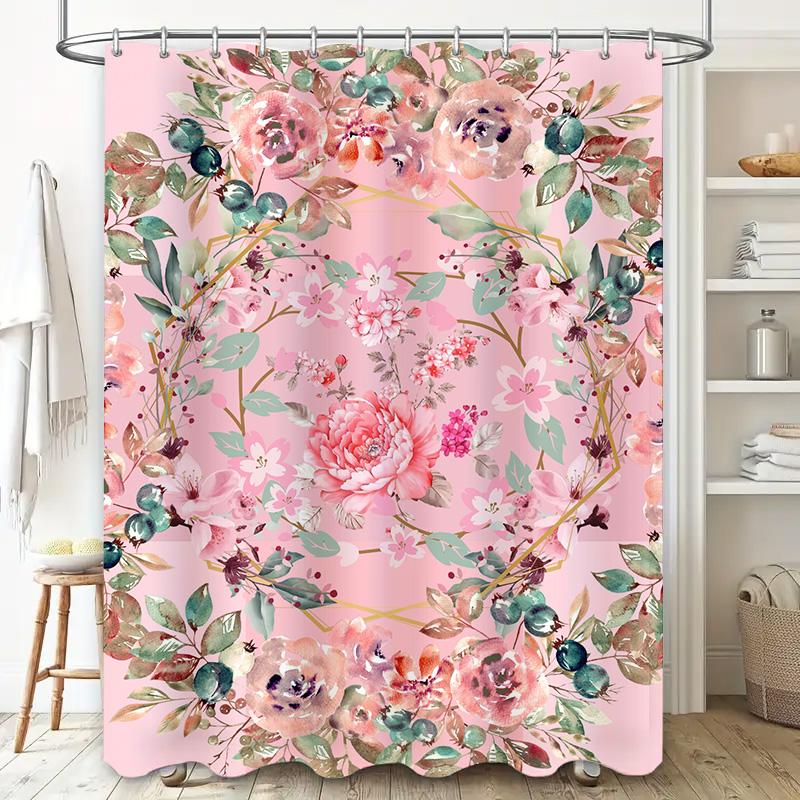 Delightful Pink Floral Bathroom Shower Curtain for Home Decor Lavender Green Flower Garden Design Waterproof Fabric Size 180cm X