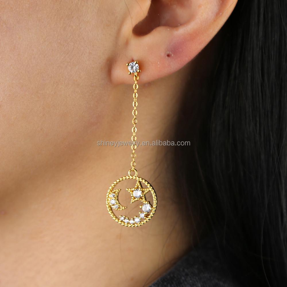 Promotion Geometric Round Circle Engrave Cz Moon Star Long Tassel Chain Dangle Earring for Women Fashion Jewelry
