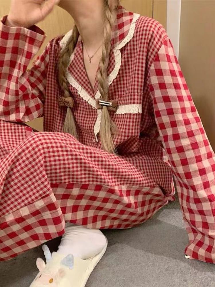 Rødrutete pyjamassett Dame Vår Høst Søt Hjemme Casual Langermet Nattøy Mote Alt-match Vintage Klær Myk