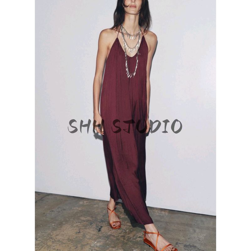 Summer Women clothes Holiday Style round Neck Sleeveless Asymmetric Hem Silk Satin Texture Long Dress 8040019