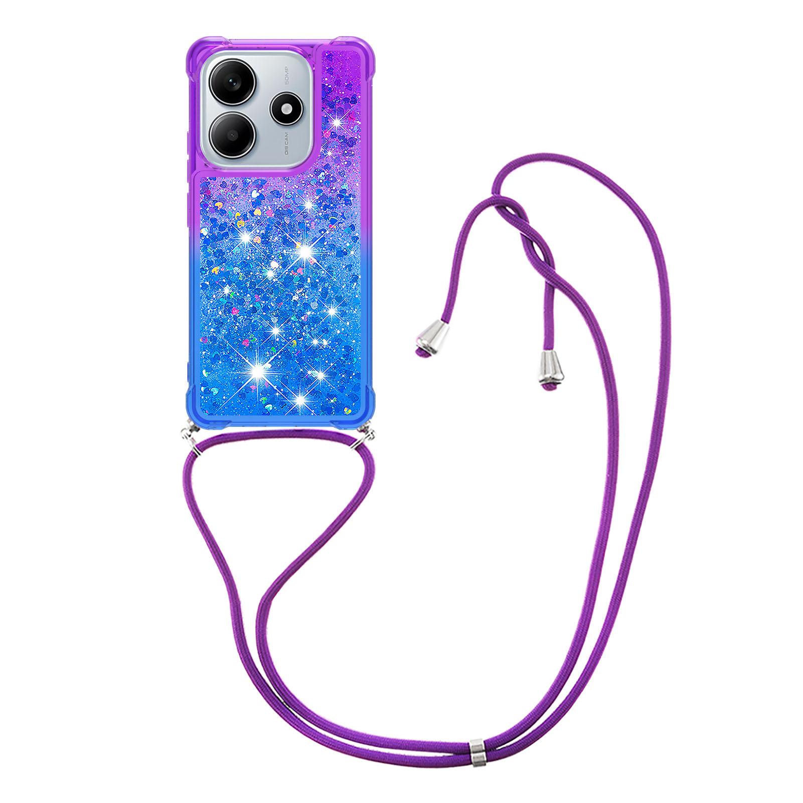 

For Xiaomi Redmi Note 14 4G (163.25x76.55x8.16mm) Phone Case Gradient Quicksand TPU Back Cover with Long Strap Purple/Blue
