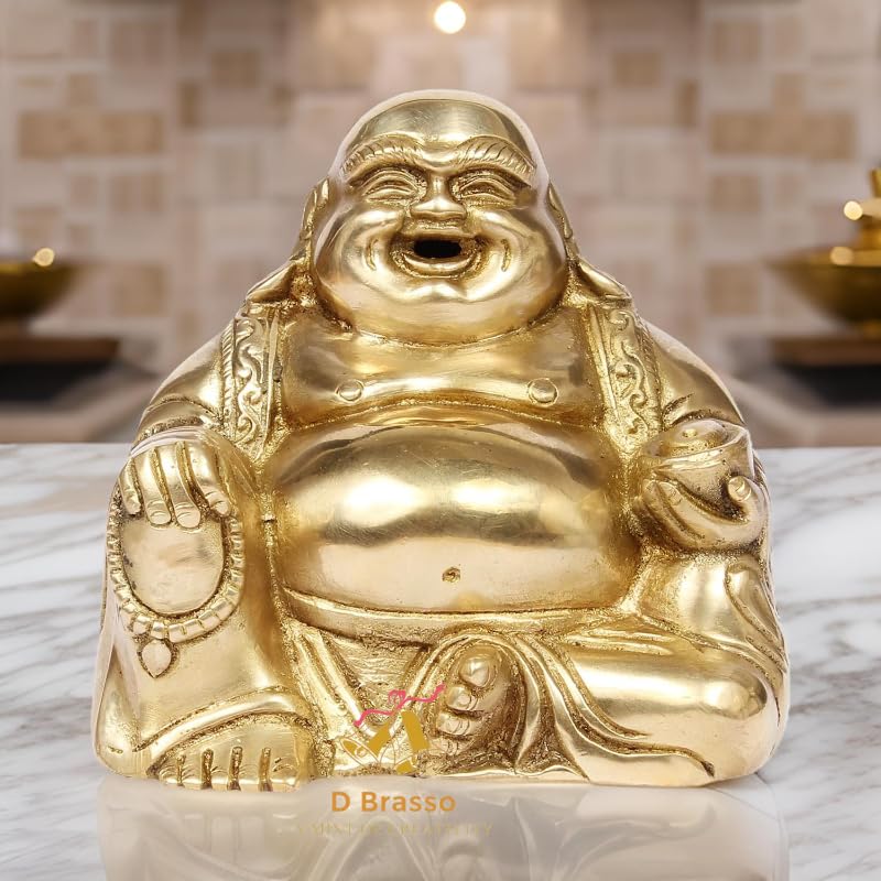 100% Pure Brass Laughing Buddha With Ingot Showpiece, Good Luck Buddha Statue