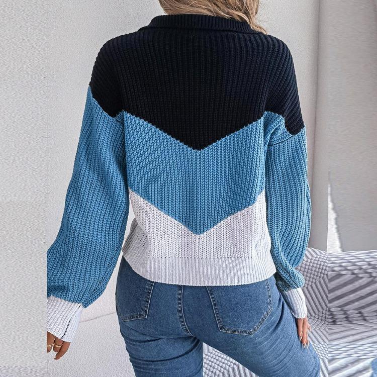 Women Casual Knit Pullover Sweater Autumn Winter Long Sleeve Polo Collar Contrast
