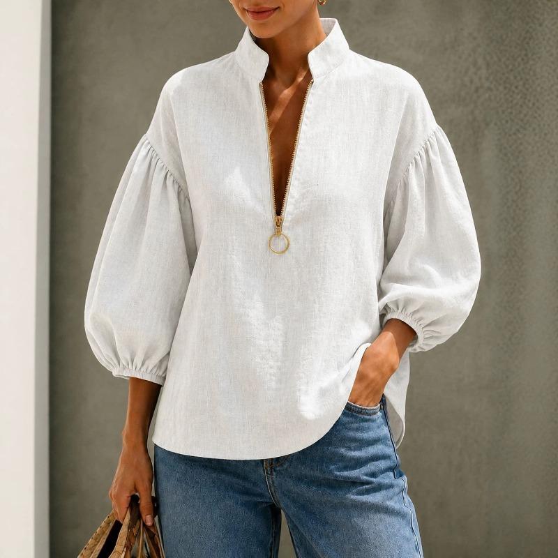 Women S V Neck Lantern Sleeve Loose Fit Solid Color Casual Shirt