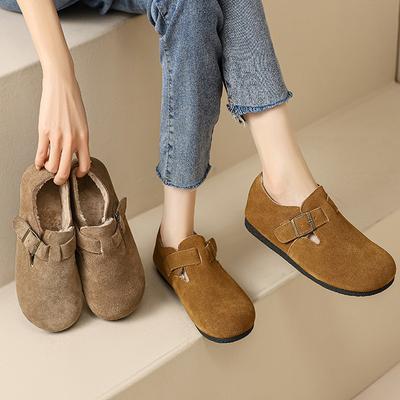 Fashion Classic Belt Buckle Loafer Woman Spring/Winter Cotton Fur Lined Flats Barefoot Shoes Ladies Cozy Slip On Driving Mocasines Femme