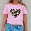 Girls' Casual Pink Leopard Print Heart Pattern T-shirt for Summer, Children's Fashionable Short-sleeved T-shirt