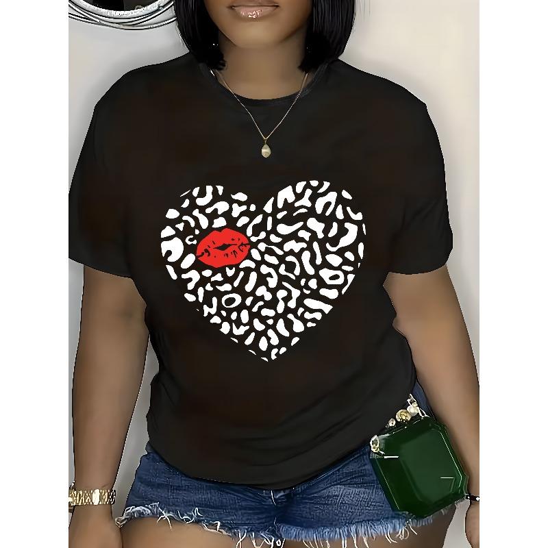 

Plus Size, Valentine s Day Women s Plus Size Oversized Black T-Shirt - White & Red Heart Print with Black Spots, S чёрный