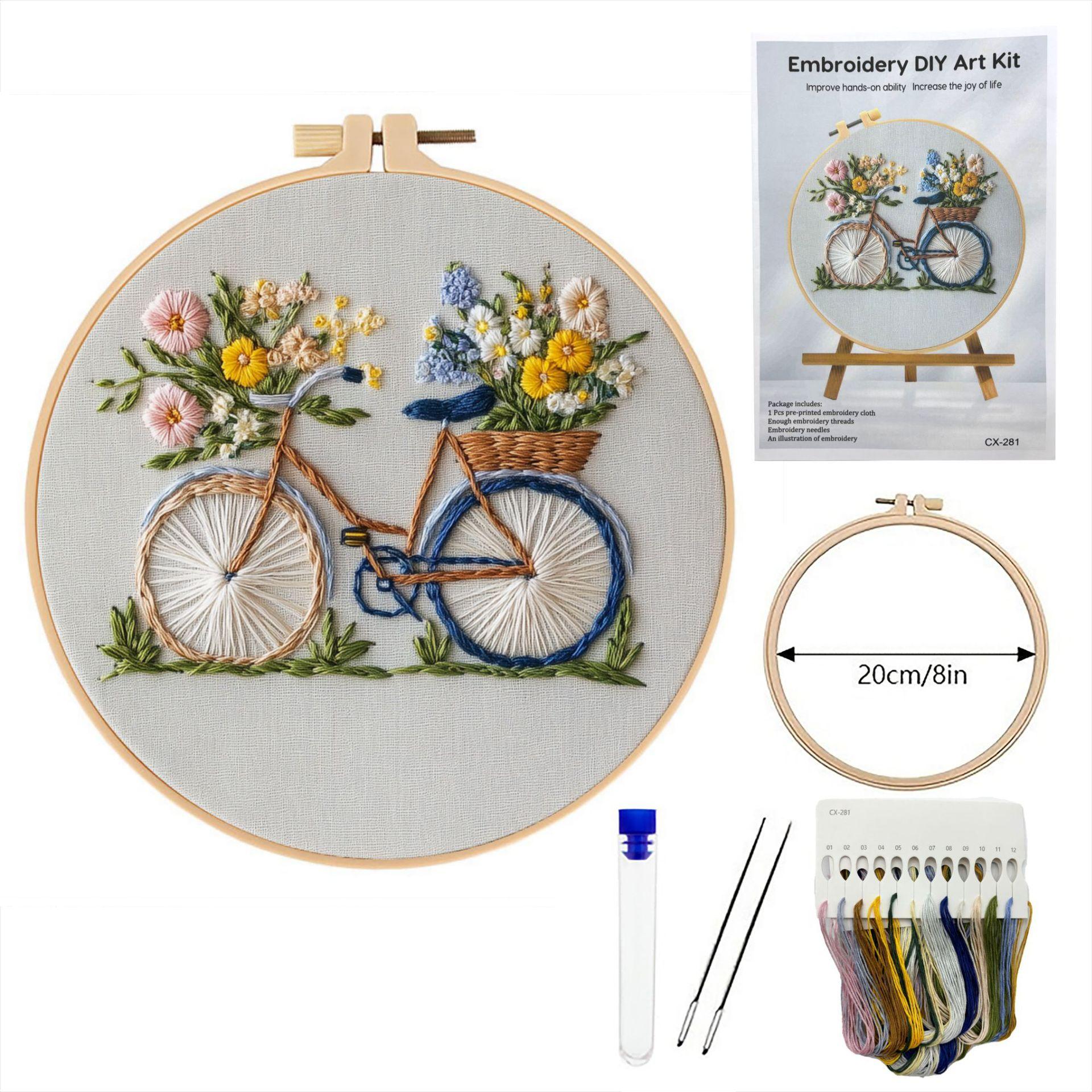 

1 набор Набор для вышивания велосипеда с цветочным узором, набор материалов для вышивания крестом, подходит для начинающих, руководство по английской вышивке, набор материалов для рукоделия для вышивания своими руками 20cm