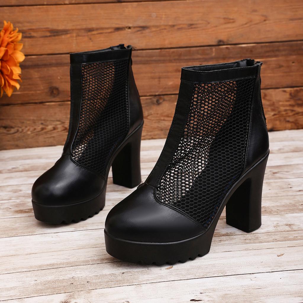 Women Mesh Platform Martin Sandal Boots Plus Size Block Heel Side Zip Short Boots