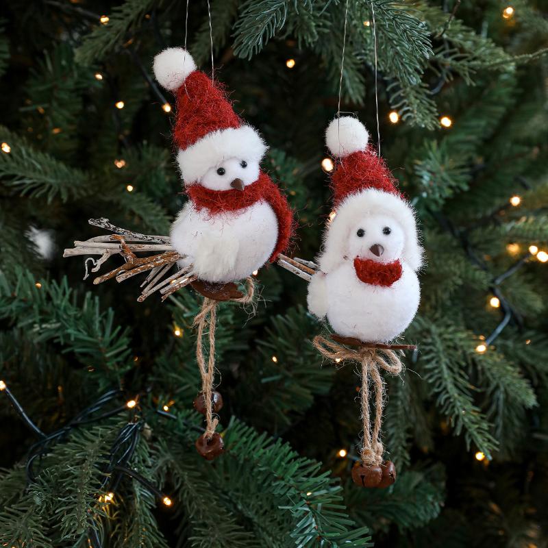 1Pcs Year Christmas Tree Hangings Faux Foam Bird Ornament Pendant Wool Felt Red Scarf Hat Birdie Navidad Decoration