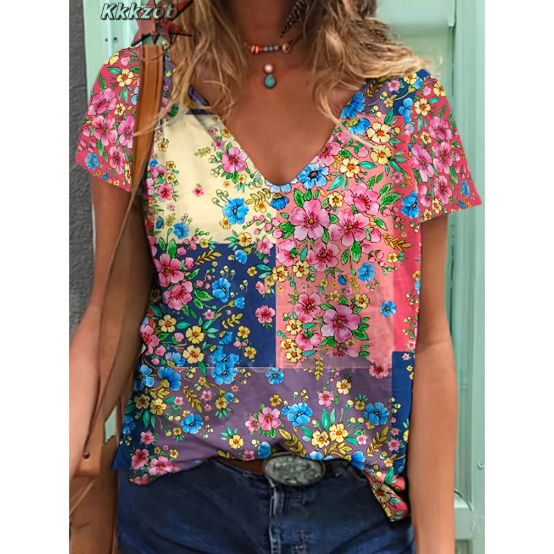 Damen T-Shirts V-Ausschnitt 3D Kunstdruck Tops Locker Kurzarm T-Shirts Sommer Streetwear Mode Lässig Übergroße Damenbekleidung