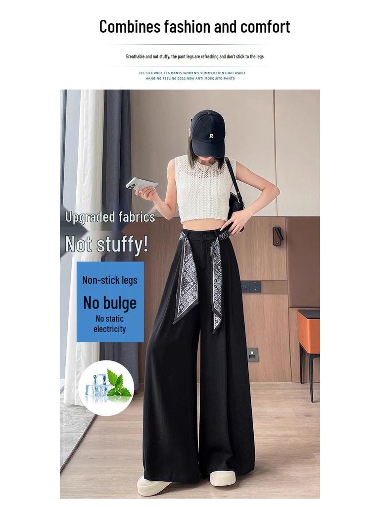Women's Summer Wide-Leg High Waist Pants with Draped Silk Scarf Belt