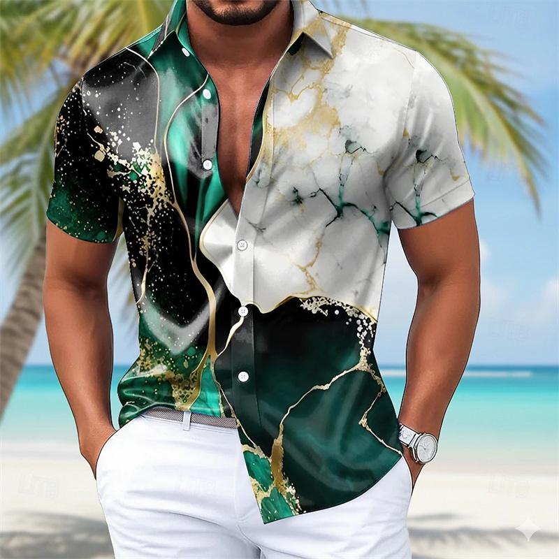 Men's color-blocked shirt, 3D digital print short-sleeved shirt, loose fit for summer, comfortable beach vacation casual shirt.