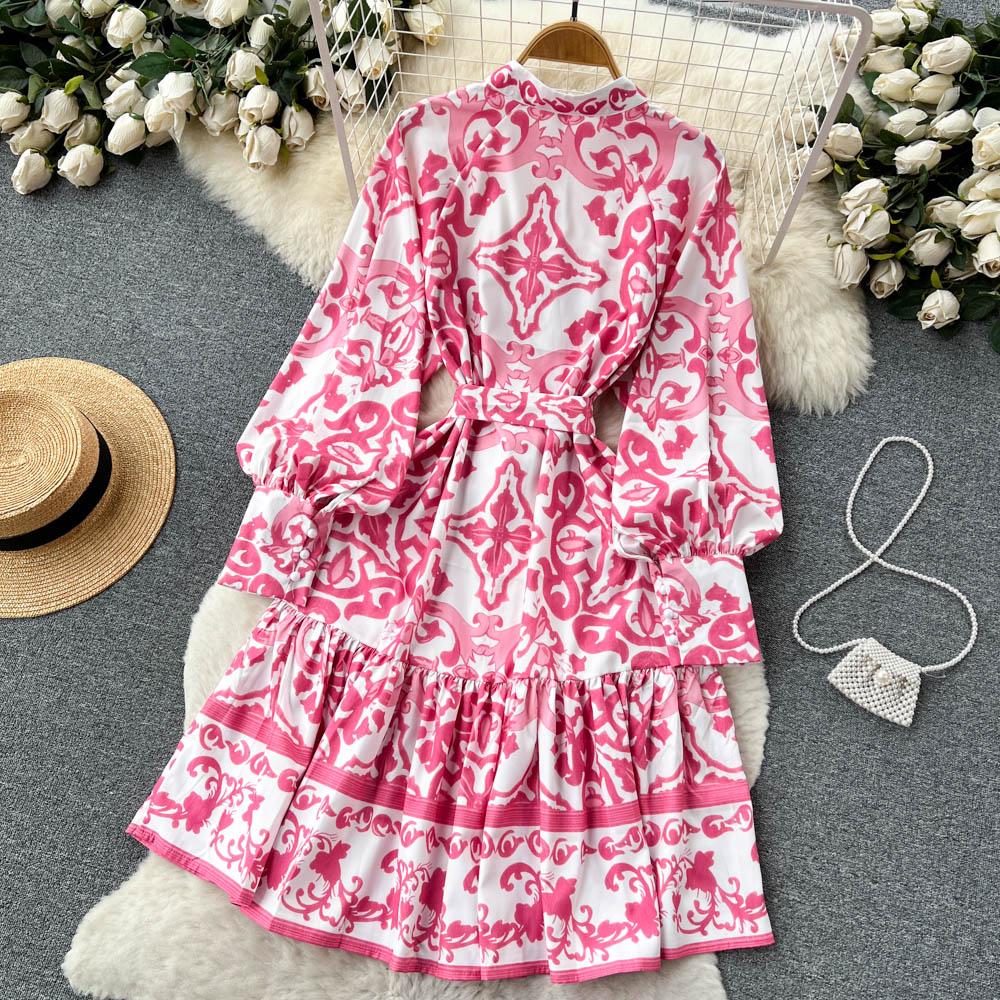 Vintage Summer Floral Print Ruffles Single Breasted Long Sleeve High Waist Vocation Beach Long Women Dress