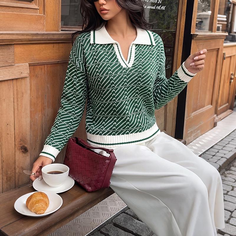 TEMU 2026 Autumn/Winter Gentle Commuting Knitwear: Diagonal Stripe Lapel Half-Button Loose Sweater