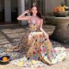 Retro Square Collar Oil Painting Suspender Skirt Three-dimensional Flower Temperament Printing High Waist Splicing French Dress