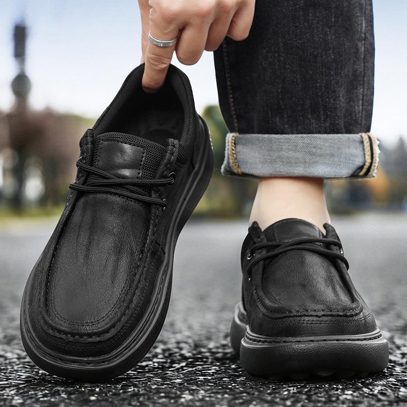 2026 Matte Leather Men's Casual Shoes - Lightweight, Wear-Resistant, Retro Style with Thick Sole - Trendy Spring Driving Footwear