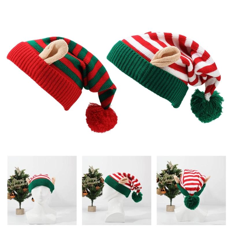 Knitted Acrylic Christmas Hats striped With Ear Top Winter Outdoor Wool Ball Daily Wear