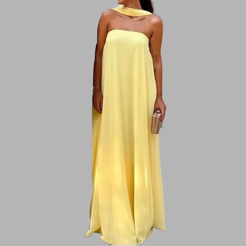 Primăvară, îmbrăcăminte europeană și americană pentru femei, rochie simplă și elegantă, culoare solidă, top tip bandă, rochie cu inserții