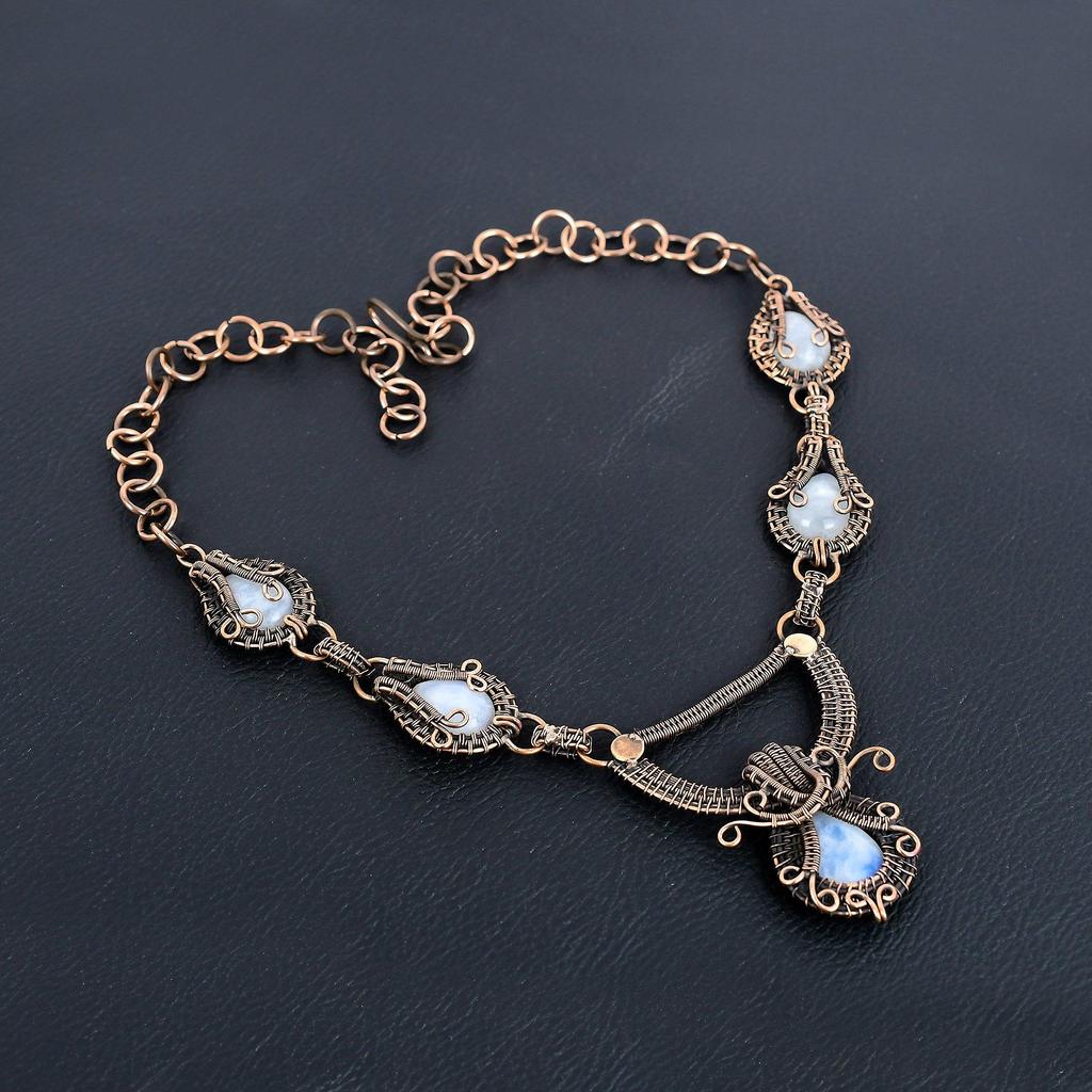 Rainbow Moonstone Necklace Gemstone Jewelry, 999 Copper Wire Wrapped Necklace, Adjustable Handmade Beautiful Jewelry Chain Necklace