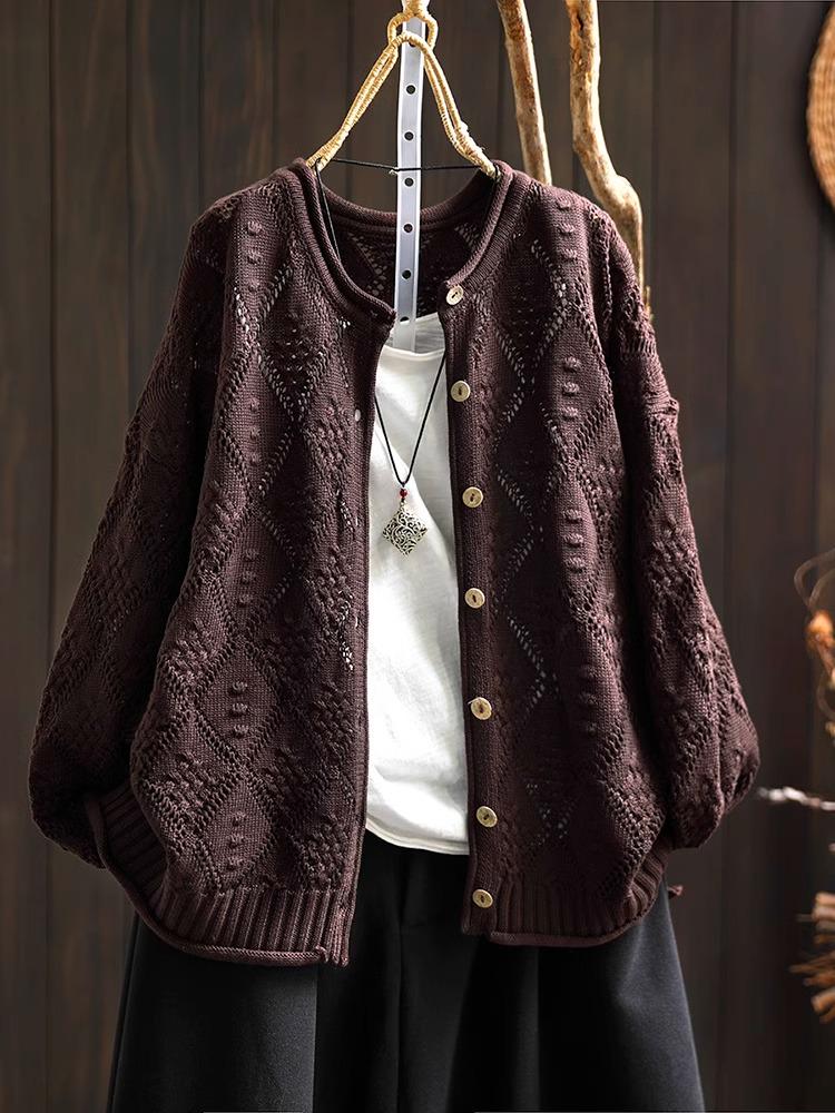 2025 Fall Diamond Hollow Round Neck Knitted Cardigan - Loose, Casual Long Sleeve Sweater