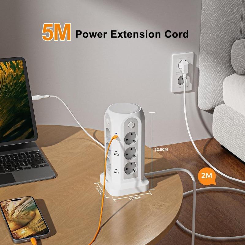 18 IN 1 Multi-socket Power Strip with 12 Outlet 4 USB 2 Type C 4 Switches Tower Socket Surge Protection 5M Extension Cord