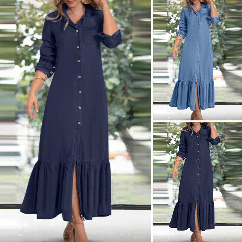 2022 Autumn Women’s Elegant Androgynous Long-Sleeve Denim Cardigan Dress with Turn-Down Collar