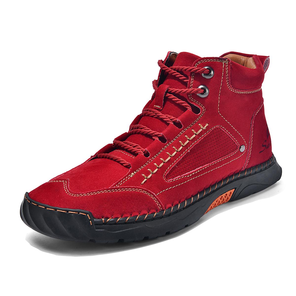 

Autumn Winter Hiking Botas Handmade Leather Mens Ankle Boots Outdoor Design Sneakers Man Casual High Top Shoes Motocross Boots 36 красный