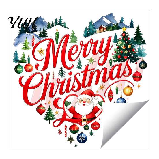 Holiday Glass Clings Merry Christmas Window Cling, Heart Shaped Sticker with Santa Claus Xmas Party Supplies Tree Balls, Winter Static PVC Decal