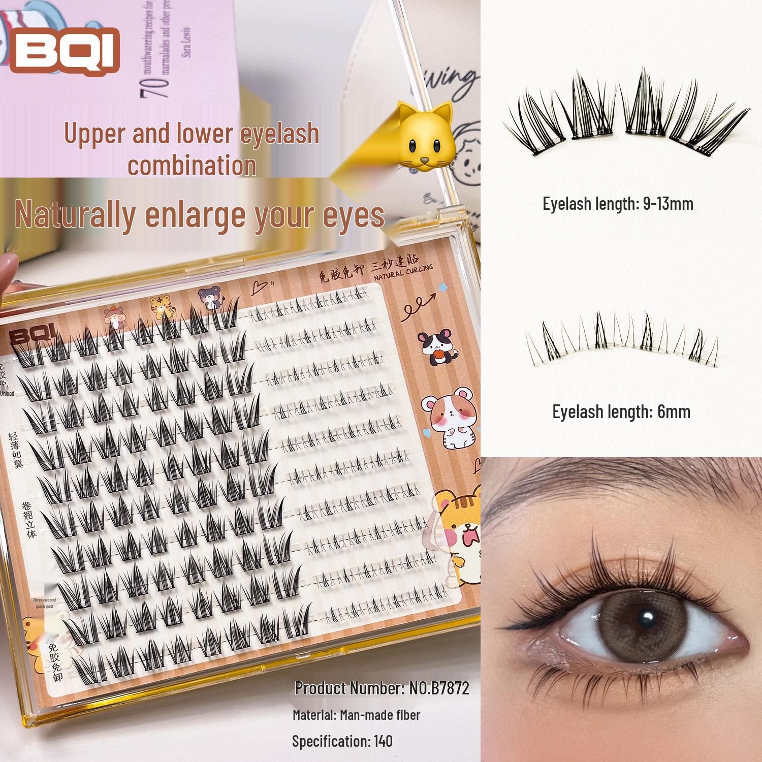 BQI Glue-Free Black Peach Blossom Manga Style Natural Curl False Eyelashes for Women