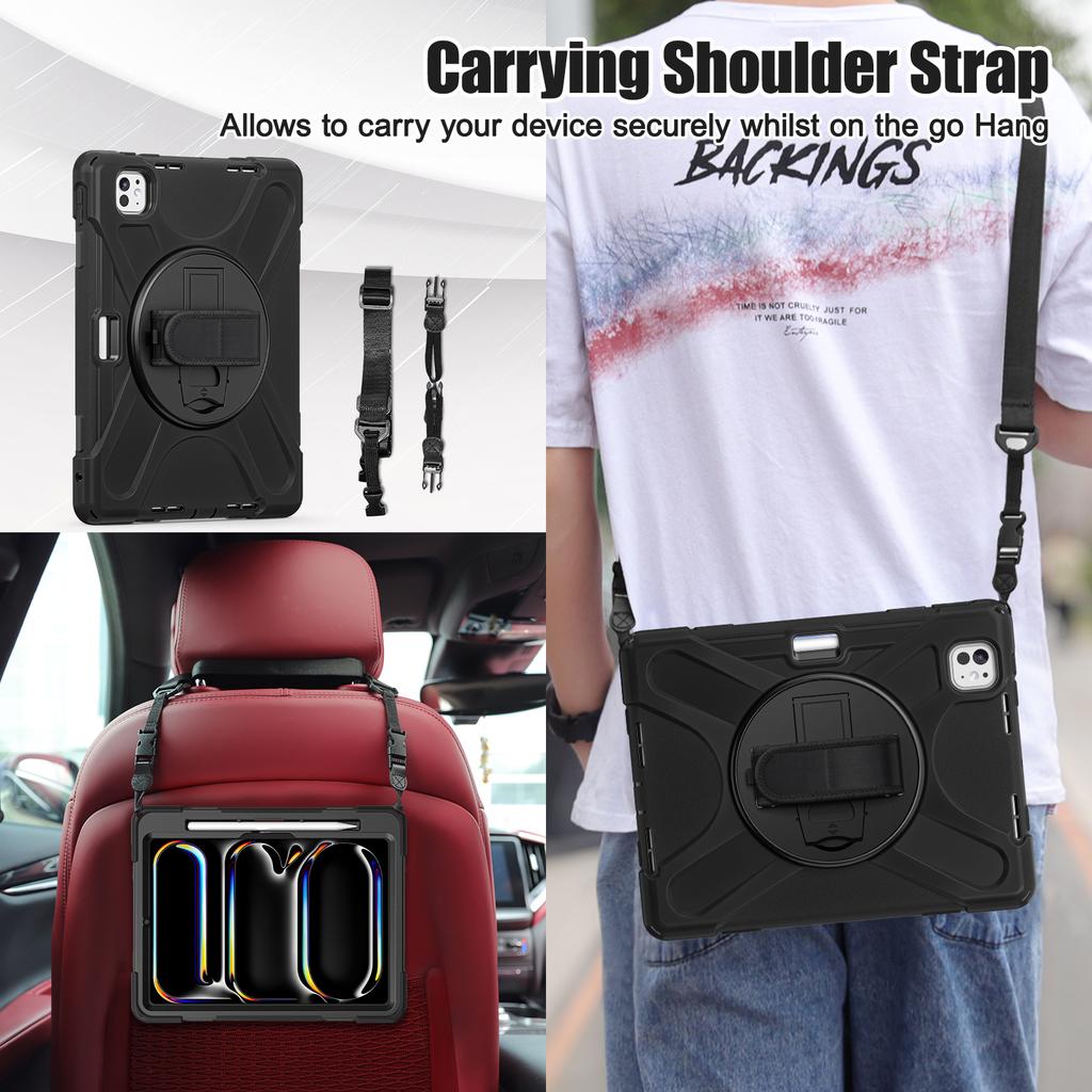 BILLTON Armored Shockproof Stand Case for iPad Pro 11 M4/M5 2024/2025 with Pencil Holder Shoulder Strap & Palm Band (27x22)