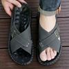 Men Flats Slippers Summer Roman Sandals Retro Black Brown Leather Wide Head Beach Shoes Plus Size