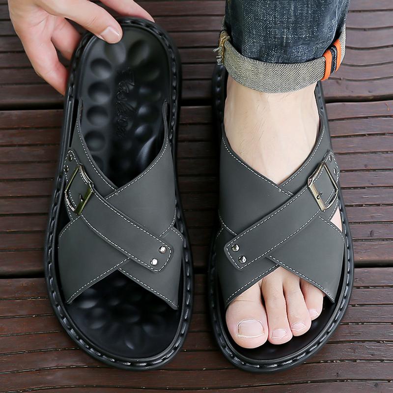 Men Flats Slippers Summer Roman Sandals Retro Black Brown Leather Wide Head Beach Shoes Plus Size