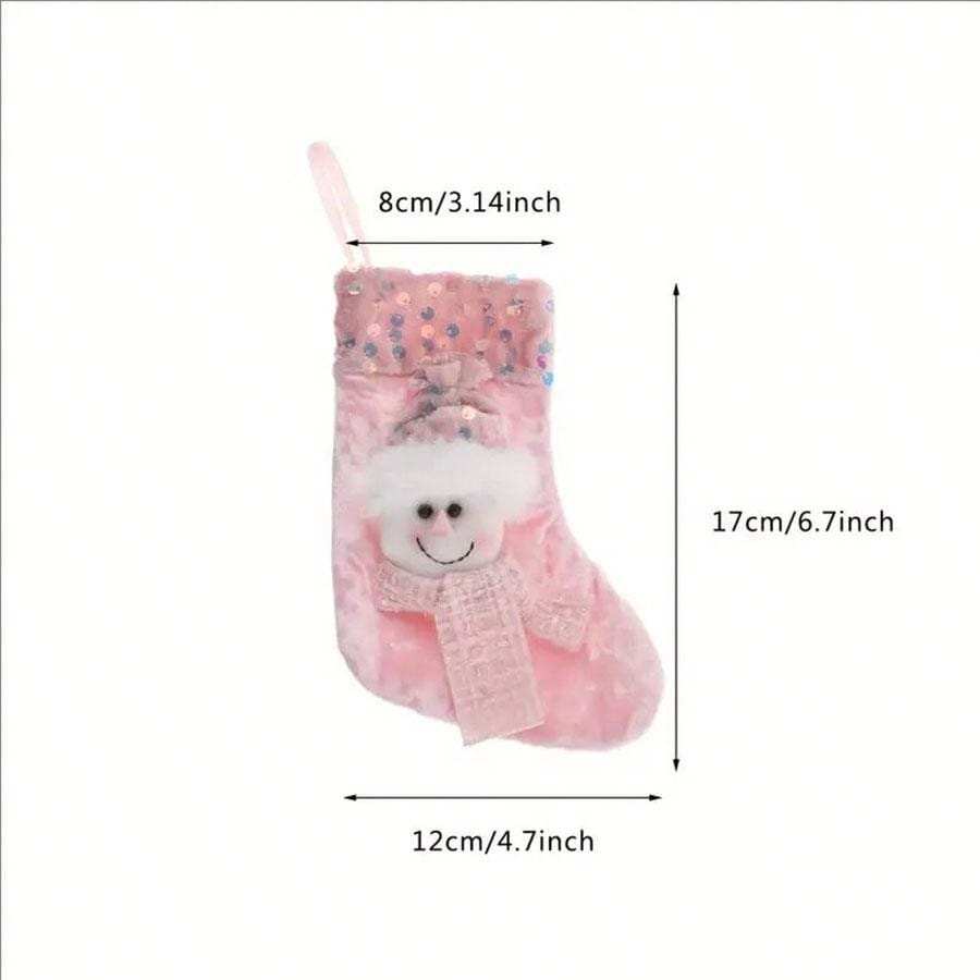 3-Piece Classic Small Pink Christmas Stocking Decoration Set, Featuring Santa Claus, Snowman And Reindeer, Fireplace Ornament.