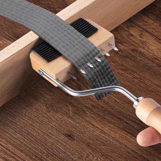 Gooseneck Webbing Stretcher Upholstery Tool with 6 Metal Spikes Wooden Handle Webbing Stretching Tool for Leather Canvas