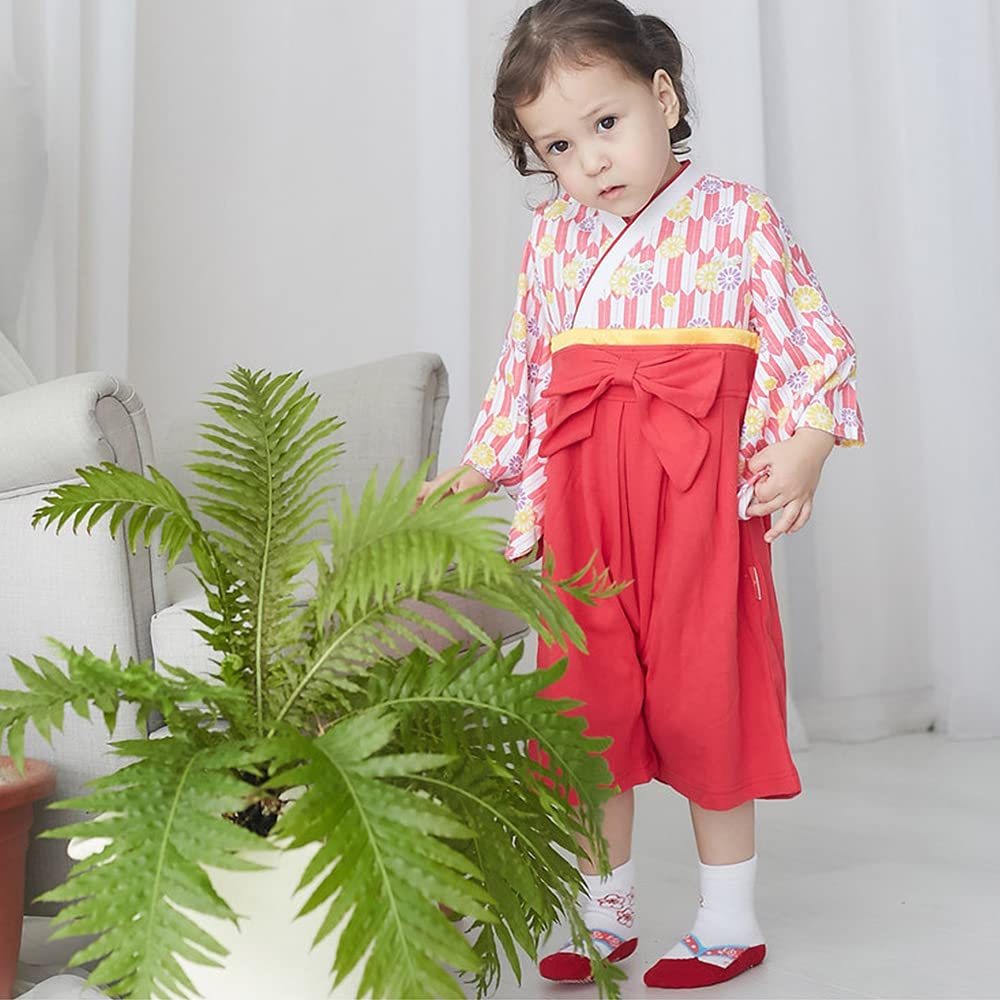 nobistar Hakama Romper for Girls, Sizes 70, 60, and 80cm, for Newborns, Babies, and Kids, Perfect for Girls' Festival (Ky37301-70-SRED)