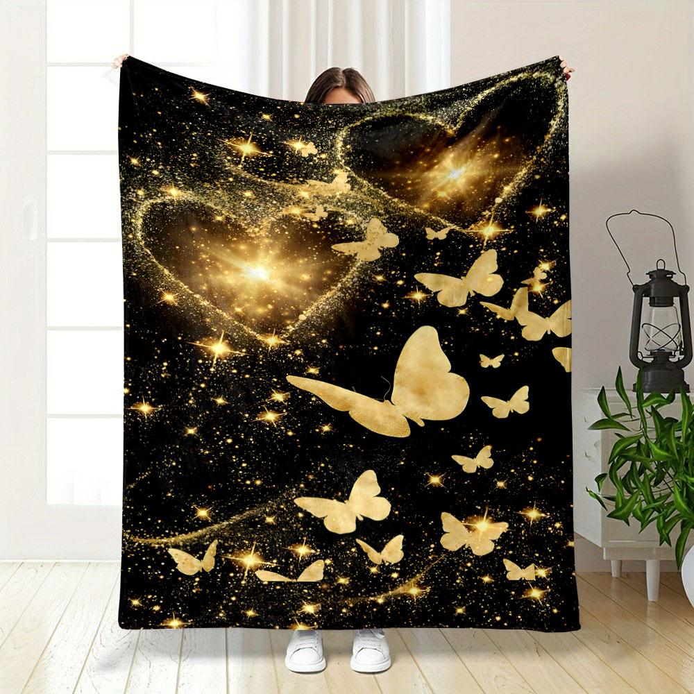 Golden Butterflies Glitter Hearts Blanket Bedroom Blanket for Livingroom Couch Lunch Break Soft Throw for Friend's Festival Gift