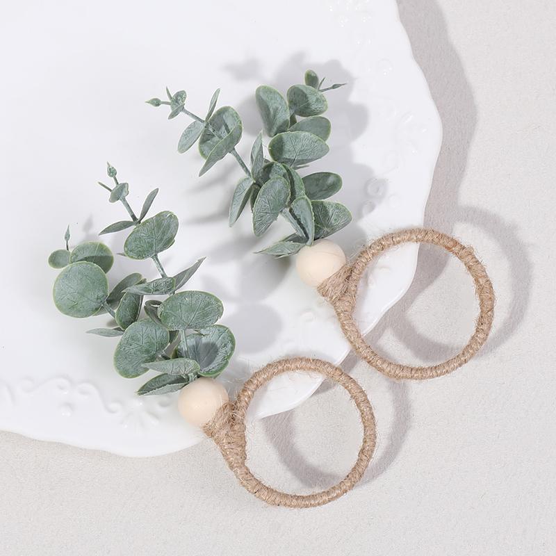 Eucalyptus Leaves Napkin Ring Wedding Napkin Holder Buckles with Wood Bead Easter Home Table Decoration Birthday Party Supplies