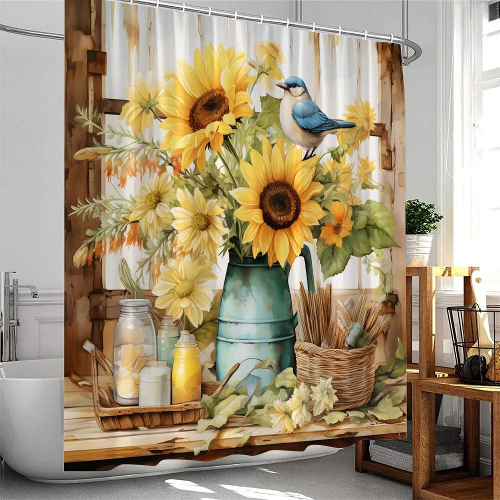 Sunflower Farmhouse Shower Curtain Countryside  Autumn FLowers Birds Butterfly Floral Bathroom Decor Polyester Bathtub Curtain