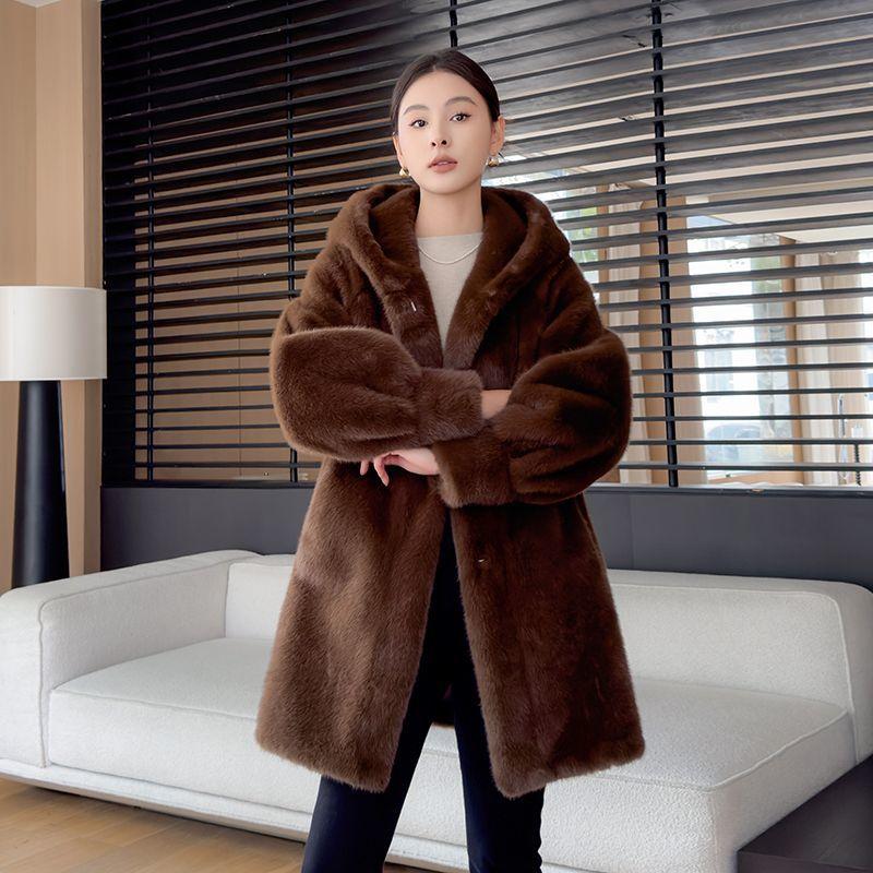 Luxusní dámský zimní norkový kabát s kapucí Bunda z pravé kožešiny Teplé módní svrchní oblečení