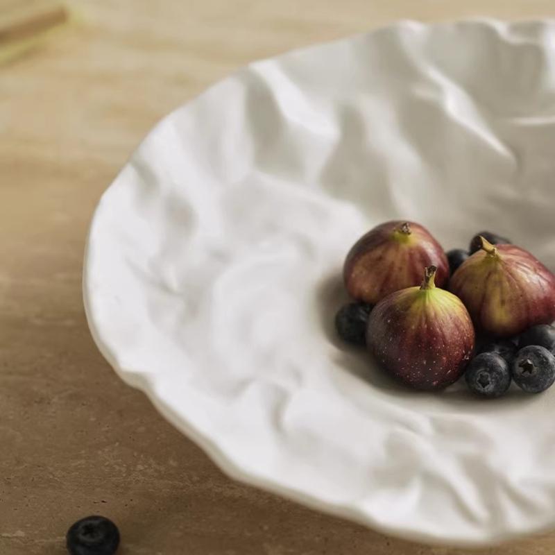 BRCeramic Fruit Plate Porcelain Plate Folded Pattern Dining Plates Dishes Kitchen Plates Dishes White Porcelain Tray TablewareEY