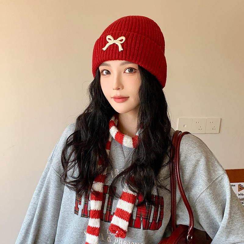 Red Bow Knitted Hat Women's Versatile Face Small Wool Hat Outdoor Cold-proof and Warm Bag Head Cold Hat