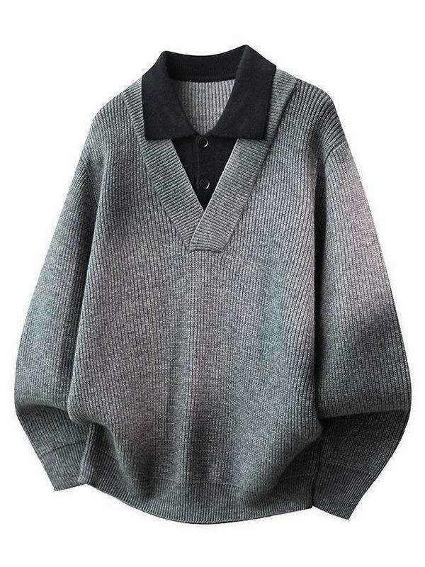 Men's Faux Two-Piece Polo Lapel Knit Sweater – High-End Old Money Style for Autumn/Winter