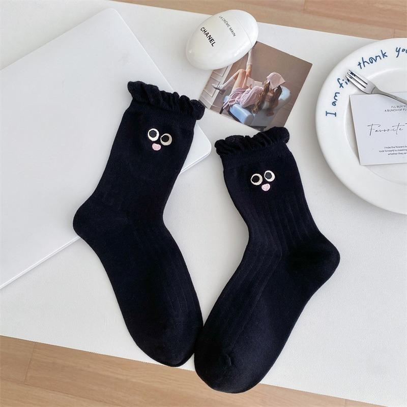 Female Spring Cotton Cute Cartoon Eyes Embroidered Bubble Mouth Tube Socks