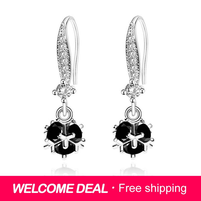 

925 Sterling Silver Black Round Zircon Drop Earrings for Women Fashion Wedding Jewelry Gift чёрный