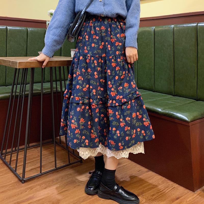 Spring Vintage Lace Trim Floral Midi Skirt for Women - High-Waist A-Line Full Flared Drape Half Skirt