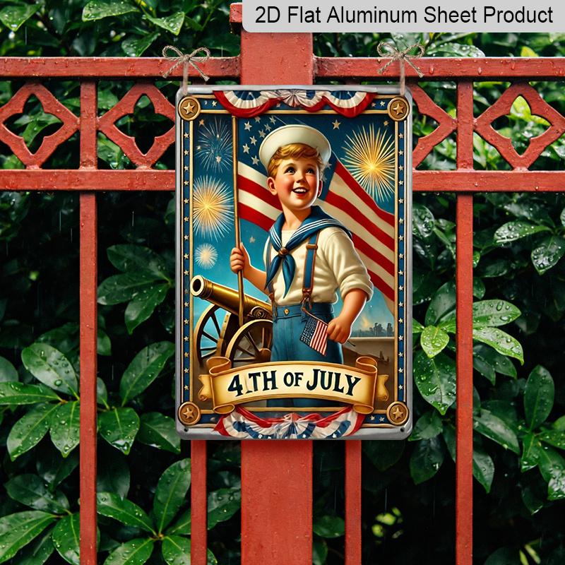 2D Flat Retro 4th of July Tin Sign - Rustic Aluminium Wall Decor with Patriotic Sailor Boy & Fireworks, Vintage American Flag Design - Perfect for