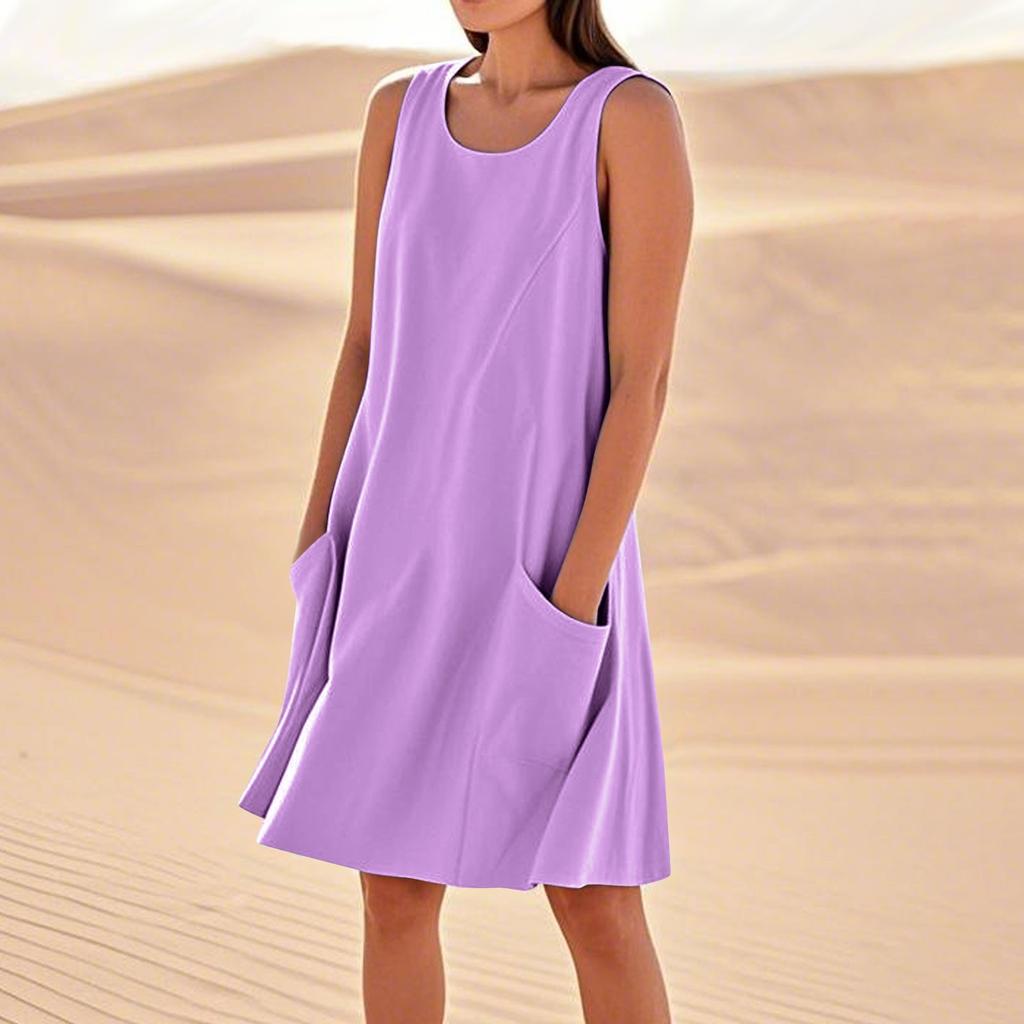 Sommerkleider für Damen, lockerer Strandurlaub, lässig, ärmellos, Sommerkleider mit Taschen, Tankkleid