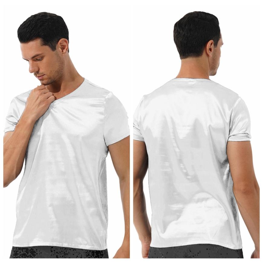 

Мужская свободная пижама с коротким рукавом, атласная пижама, футболка, однотонная одежда для отдыха M белый